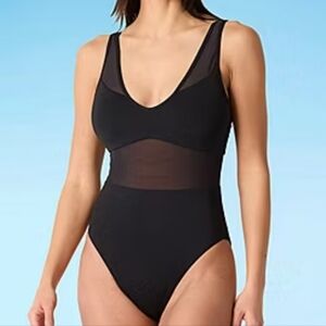 Mynah Women's Size XS Bathing Suit Swimwear Black Mesh Midriff